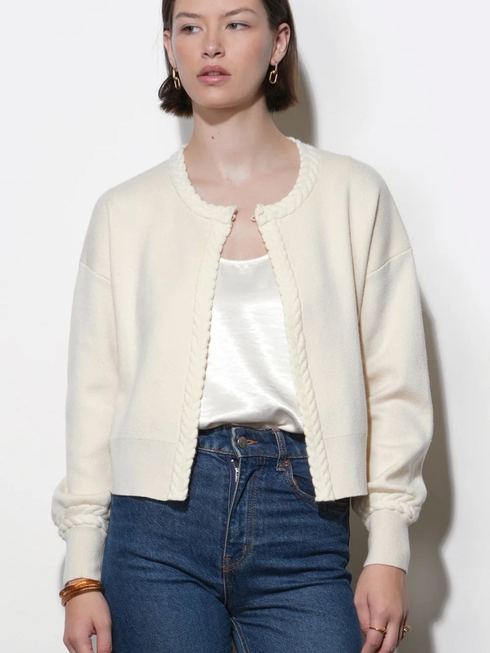 Greylin Cream Cropped Braided-Trim Cardigan